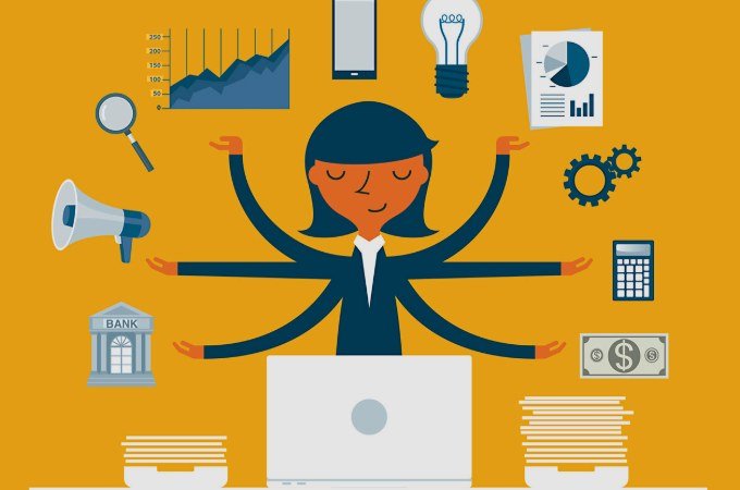 Multitasking professional illustration representing productive home office workflow