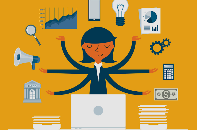 Businesswoman multitasking home office desk productive workspace